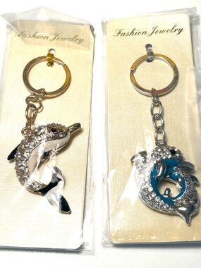 Crystal Dolphin Keychains -gold black enamel and silver with blue enamel